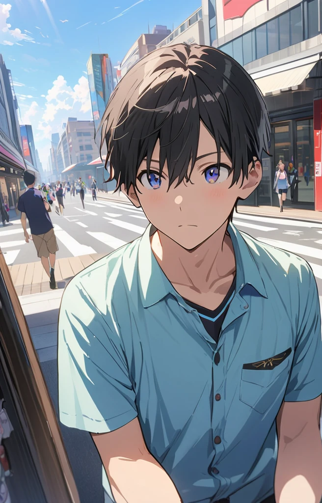 (highest quality、masterpiece、High resolution、detailed),(animeスタイル)、flat style、(detailedな美しい顔), BREAK,(1 boy:1.4、Handsome:1.2)、(College Boys:1.2)、cool、A refreshing look、Casual clothing、Tokyo station front、Daytime hours,Dynamic Angles、anime