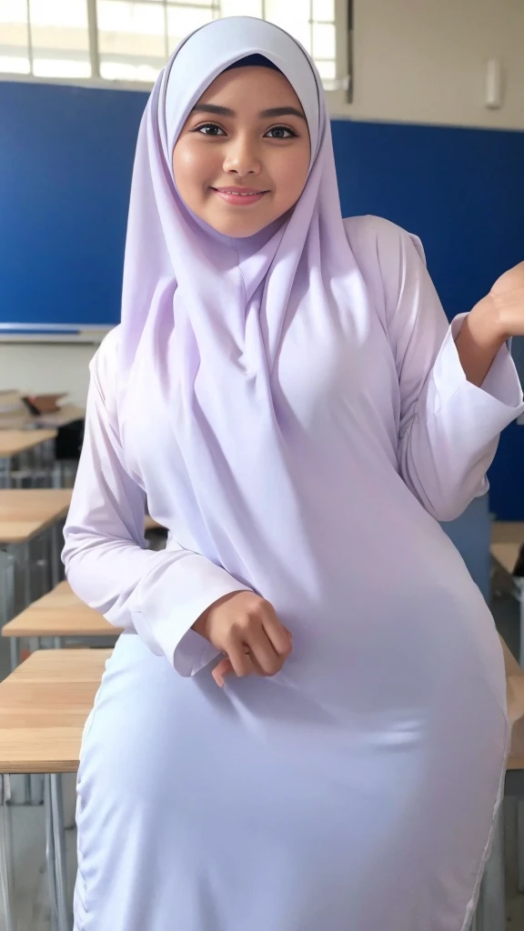 AN beautiful INDONESIAN tracher woman, wearing hijab and thin transparent blue satin night gown, seducting pose, smile, standing inf front of class, spread her legs, open the mouth stick out the tounge