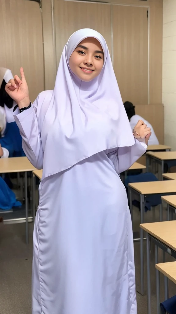 1 girl, (white dress), wearing hijab, ((blue skirt)), long sleeve, best quality, masterpiece, ultra high resolution, (photo realistic:1.4), raw photo, big breasts, look at camera, smile, (Sticking body and seducing on classroom), elegant, japanese, soft cloth, satin fabric, big breasts covered seen, (teenager), beautiful style, very pretty, blushing, flawless, flying kiss,