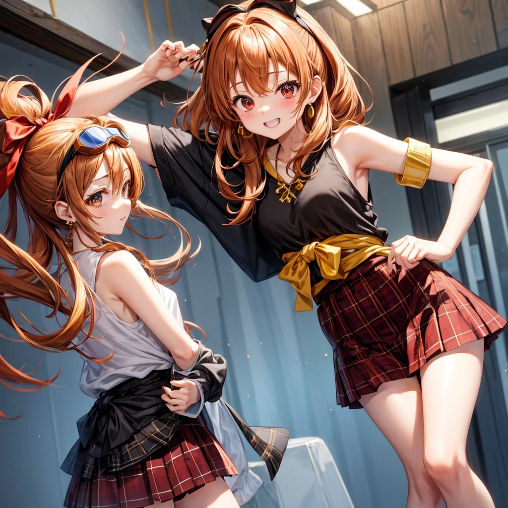 Brown, red, gold, golden hair、Red eyes、One good looking girl、solo、anime、plaid mini skirt、black camisole、Black T-shirt、hoodie、Wearing a ribbon、Ribbon on waist、Crystal Earrings、treasure石のネックレス、Light and shadow、Tilting face、teeth are visible、pillar、Kind Face、Kuroko、treasure、wearing goggles on head、Top of the Slope、leaning against the wall