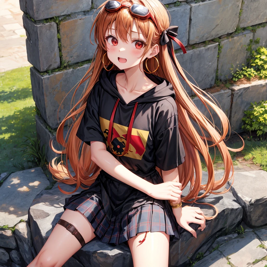 Brown, red, gold, golden hair、Red eyes、One good looking girl、solo、anime、plaid mini skirt、black camisole、Black T-shirt、hoodie、Wearing a ribbon、Ribbon on waist、Crystal Earrings、treasure石のネックレス、Light and shadow、Tilting face、teeth are visible、pillar、Kind Face、Kuroko、treasure、wearing goggles on head、Top of the Slope、leaning against the wall