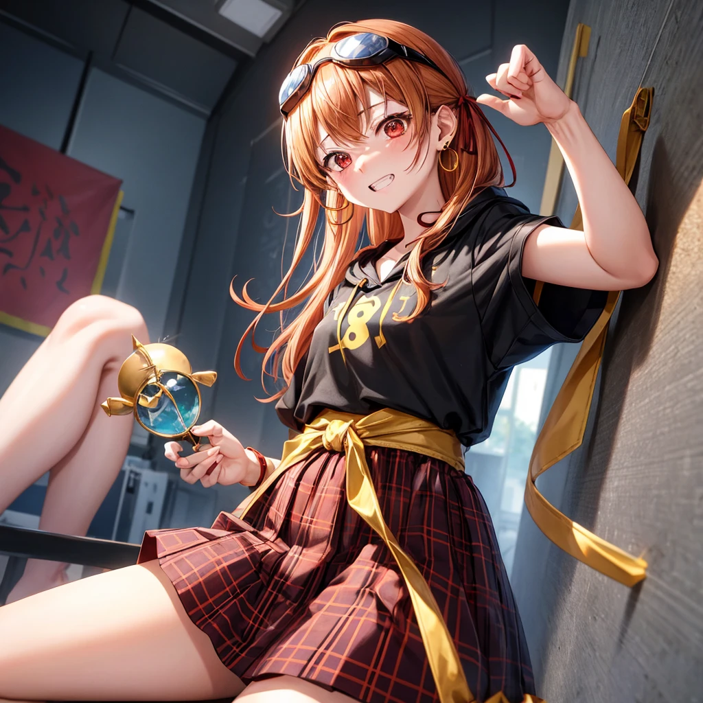 Brown, red, gold, golden hair、Red eyes、One good looking girl、solo、anime、plaid mini skirt、black camisole、Black T-shirt、hoodie、Wearing a ribbon、Ribbon on waist、Crystal Earrings、treasure石のネックレス、Light and shadow、Tilting face、teeth are visible、pillar、Kind Face、Kuroko、treasure、wearing goggles on head、Top of the Slope、leaning against the wall