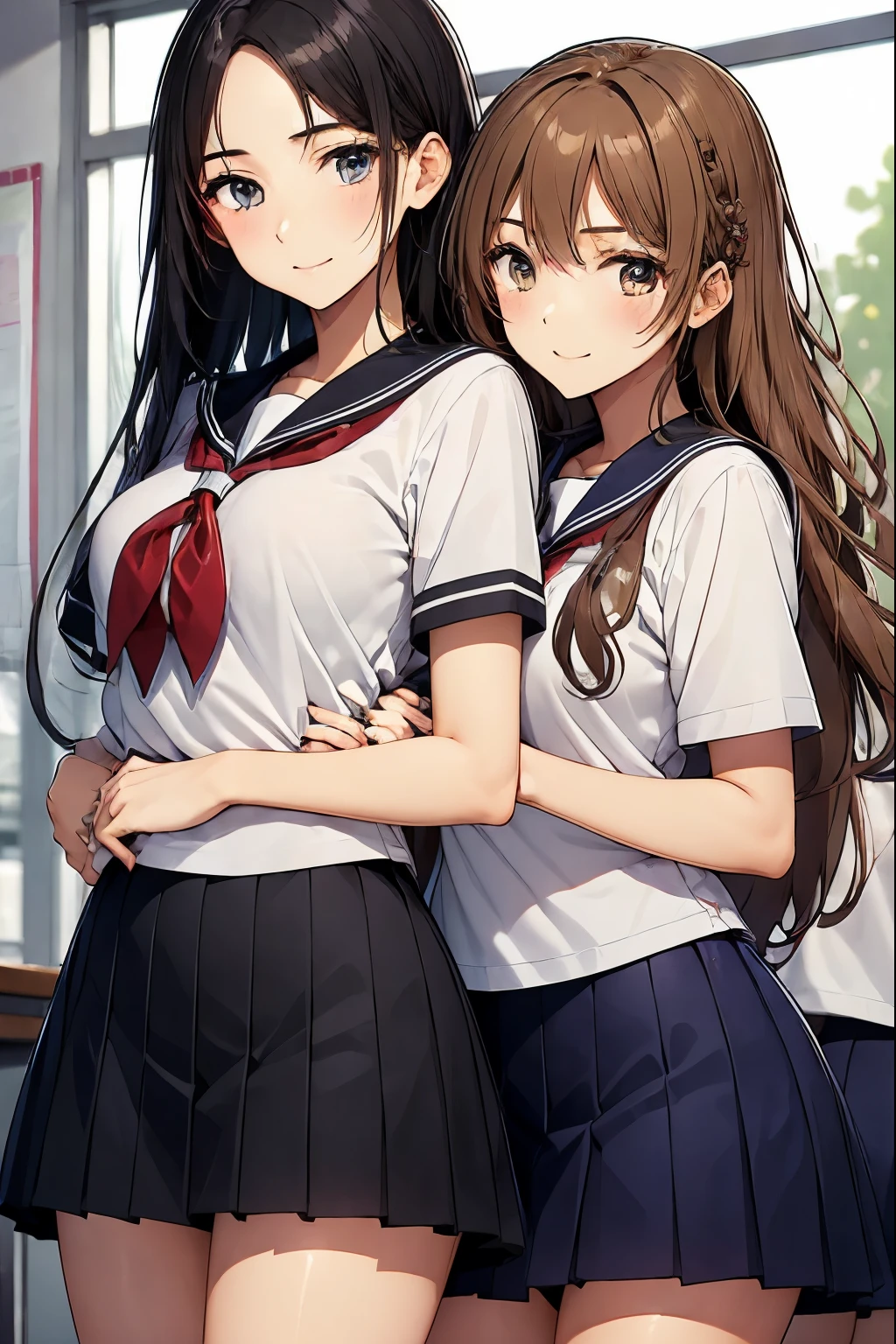 two high school girls、Hugging from behind in a school classroom、seductive smile、