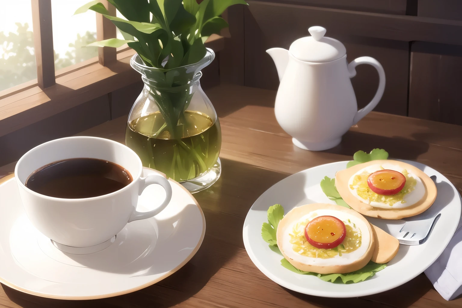 table、Omelettes on two plates、Two coffee cups、living