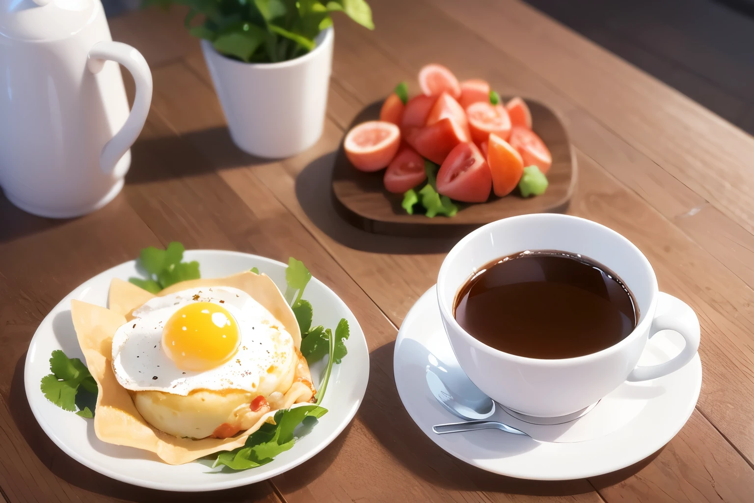 table、Omelettes on two plates、Two coffee cups