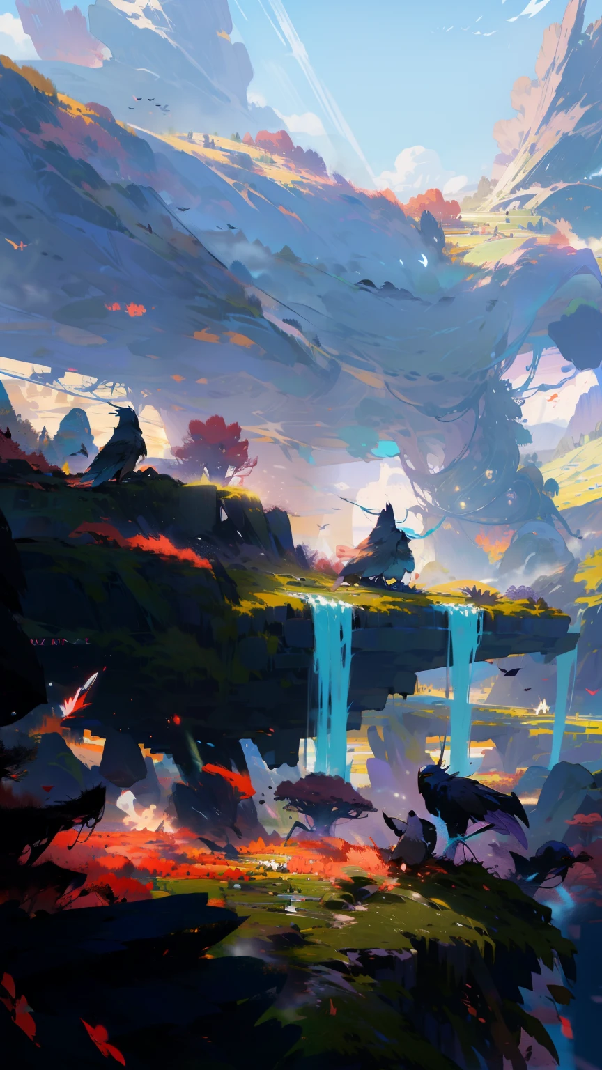 landscape, masterpiece,gorgeous, horizont, sunset,magic, detailed clothes, artistic, purple, dust, mountain, best quality, ((no_humans)), colorful, reflections, fog, birds, deailed,intricate, nature, ancient, flowers,