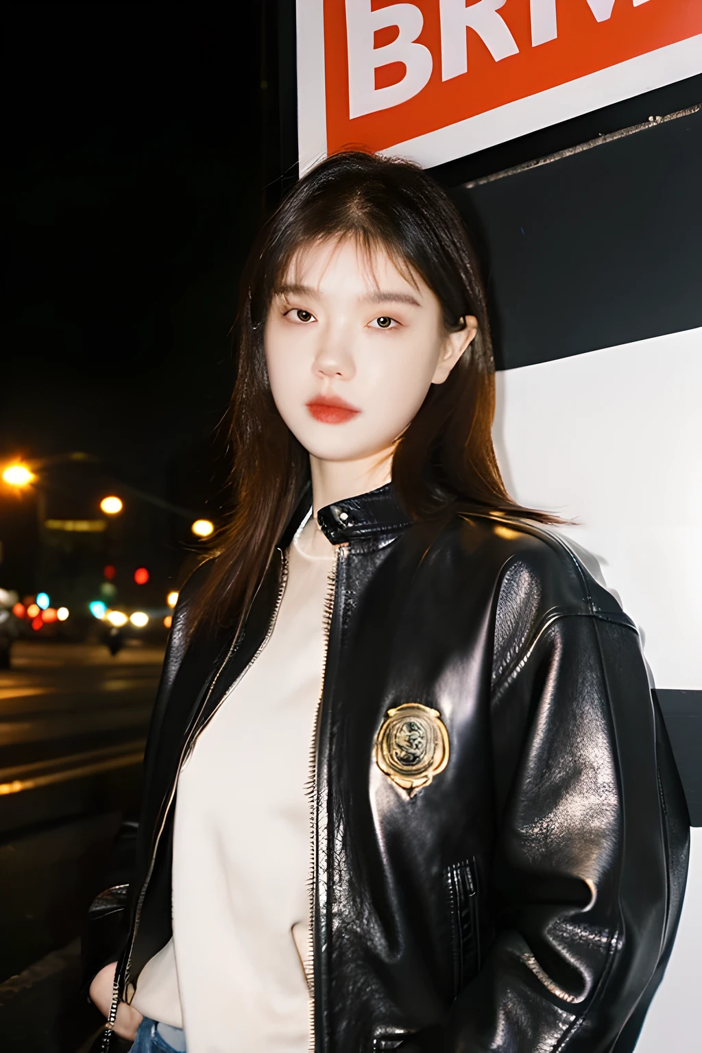 portrait of emb-haiz, Pretty Face, Cyberpunk city by night. She was wearing a leather jacket,underwear, black jeans, Dramatic Lighting, (badge:1.2)