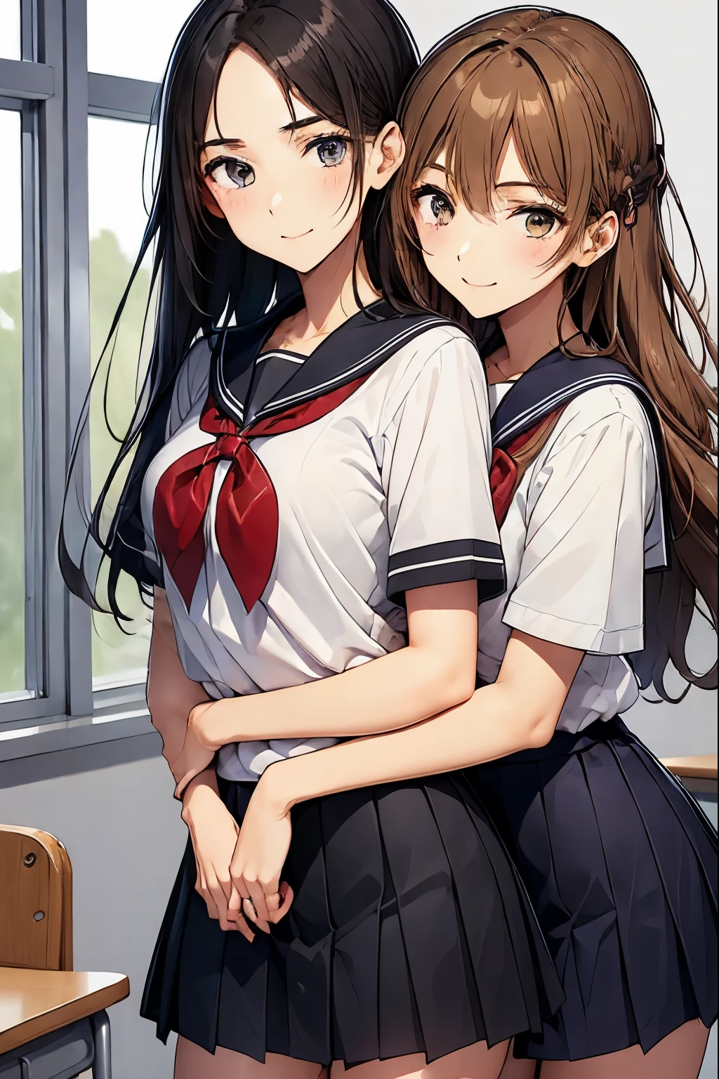 two high school girls、Hugging from behind in a school classroom、seductive smile、