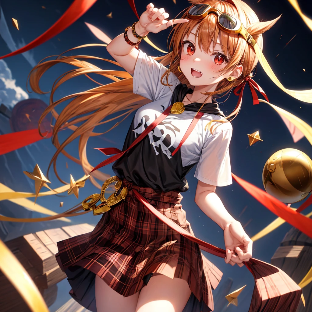 Brown, red, gold, golden hair、Red eyes、One good looking girl、solo、anime、plaid mini skirt、black camisole、Black T-shirt、hoodie、Wearing a ribbon、Ribbon on waist、Crystal Earrings、treasure石のネックレス、Light and shadow、Tilting face、teeth are visible、pillar、Kind Face、Kuroko、treasure、wearing goggles on head、Top of the Slope