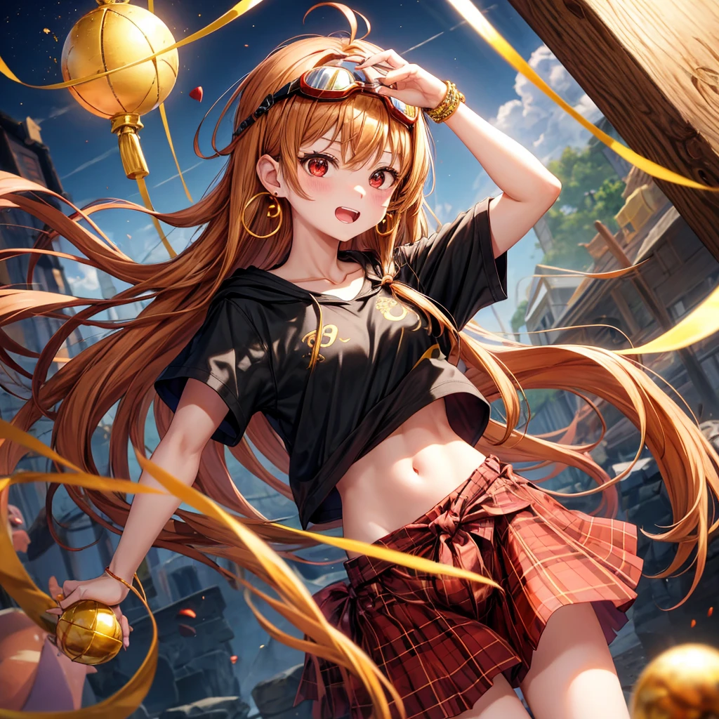 Brown, red, gold, golden hair、Red eyes、One good looking girl、solo、anime、plaid mini skirt、black camisole、Black T-shirt、hoodie、Wearing a ribbon、Ribbon on waist、Crystal Earrings、treasure石のネックレス、Light and shadow、Tilting face、teeth are visible、pillar、Kind Face、Kuroko、treasure、wearing goggles on head、Top of the Slope