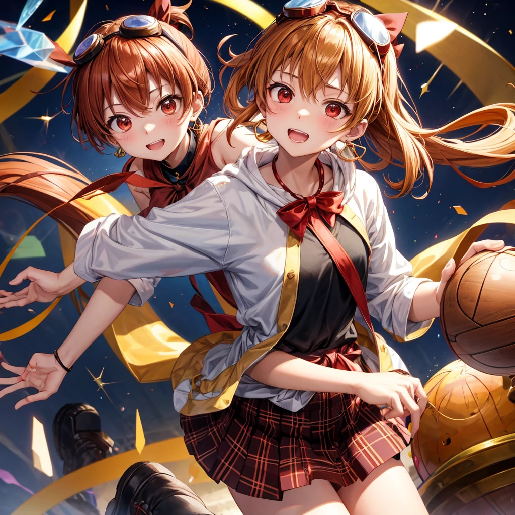 Brown, red, gold, golden hair、Red eyes、One good looking girl、solo、anime、plaid mini skirt、black camisole、Black T-shirt、hoodie、Wearing a ribbon、Ribbon on waist、Crystal Earrings、treasure石のネックレス、Light and shadow、Tilting face、teeth are visible、pillar、Kind Face、Kuroko、treasure、wearing goggles on head、Top of the Slope