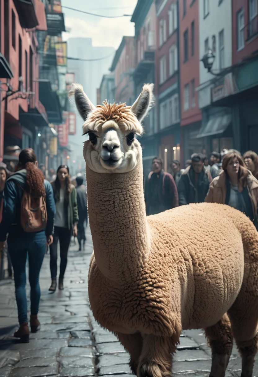 an alpaca in the city, the people scattering around, movie still, cinematic shot, horror, sci-fi, (masterpiece, 8K, photo-realistic:1.4),