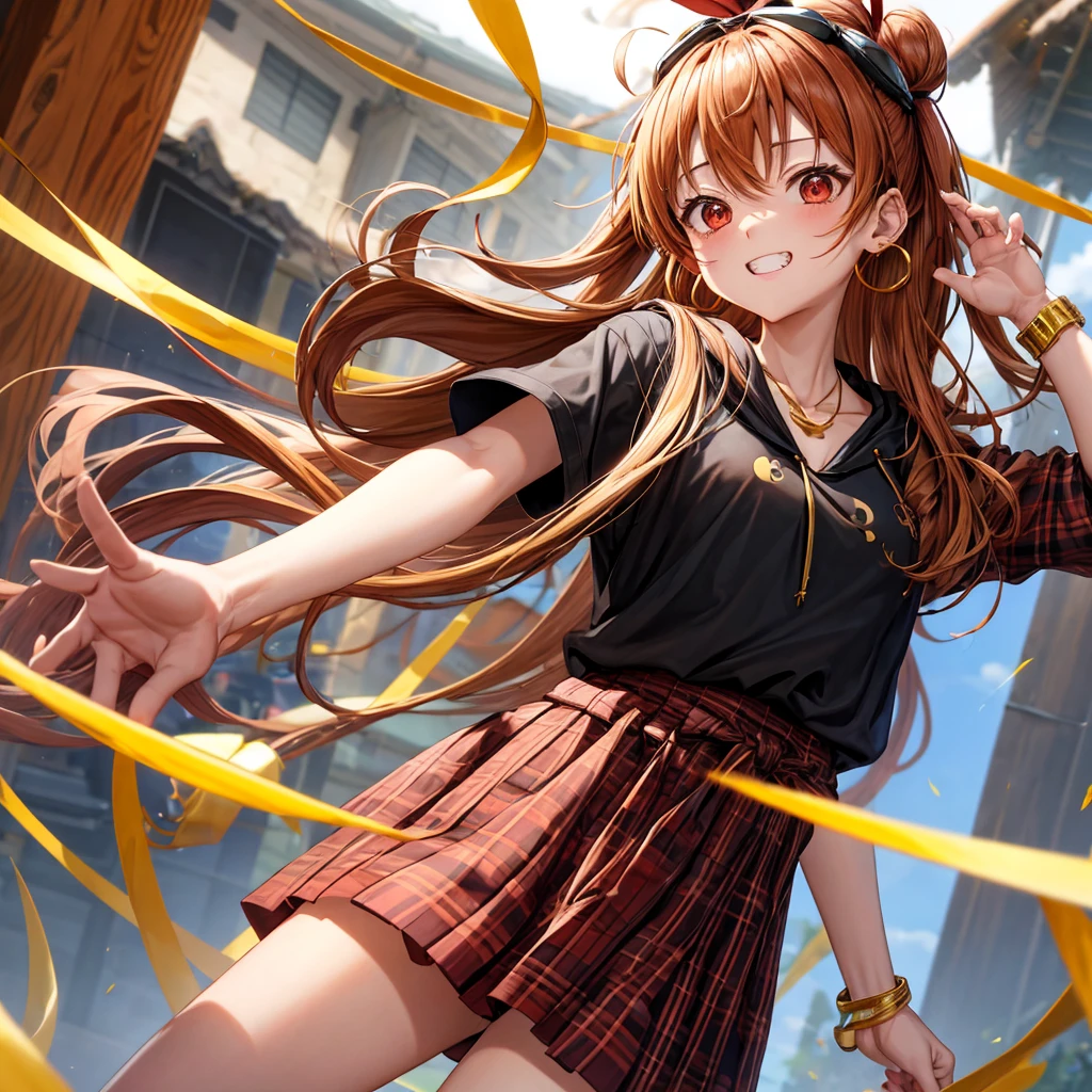 Brown, red, gold, golden hair、Red eyes、One good looking girl、solo、anime、plaid mini skirt、black camisole、Black T-shirt、hoodie、Wearing a ribbon、Ribbon on waist、Crystal Earrings、treasure石のネックレス、Light and shadow、Tilting face、teeth are visible、pillar、Kind Face、Kuroko、treasure、wearing goggles on head、Top of the Slope