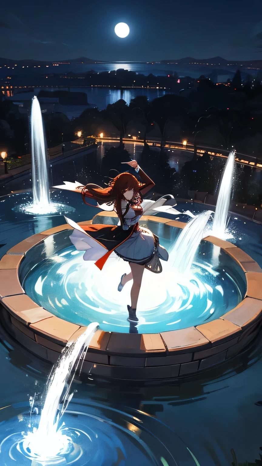 Please draw a bird's-eye view of Makise Kurisu dancing in front of a fountain reflecting the moon.