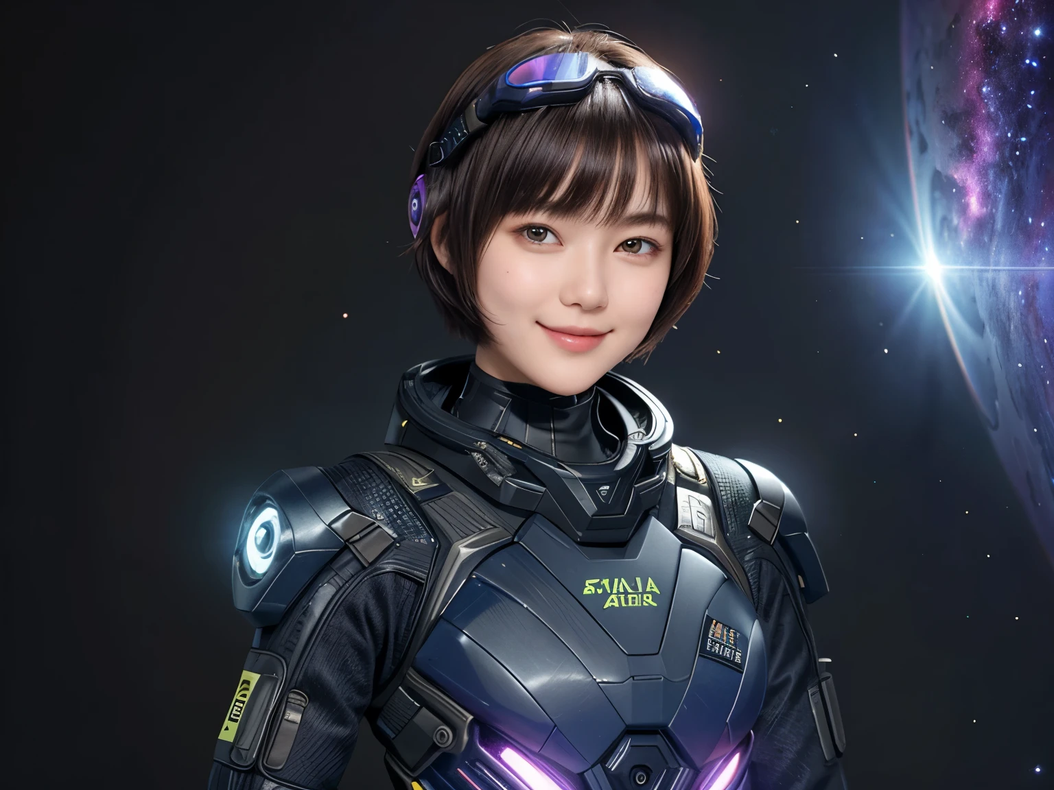 210 Short Hair, 20-year-old woman, Floral, A kind smile, Futuristic clothing, machinery suit, (The background is a galaxy and nebula), (Futuristic goggles)