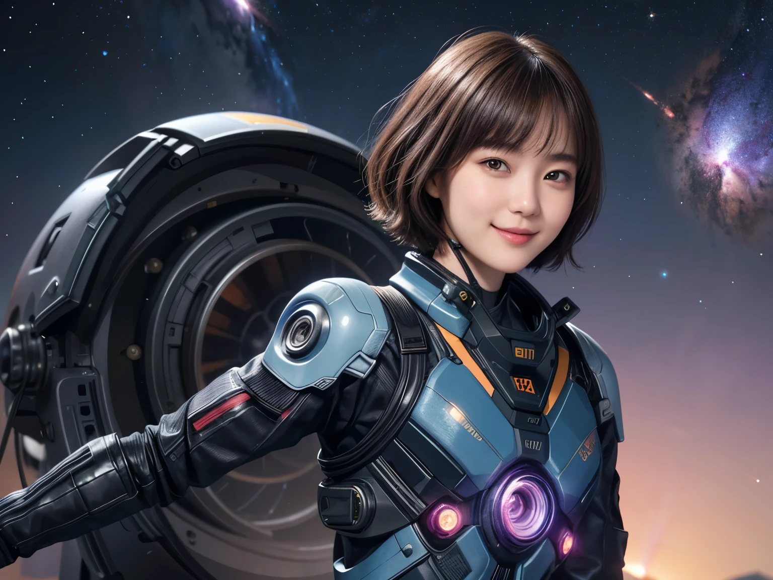 210 Short Hair, 20-year-old woman, Floral, A kind smile, Futuristic clothing, machinery suit, (The background is a galaxy and nebula), (Futuristic goggles)