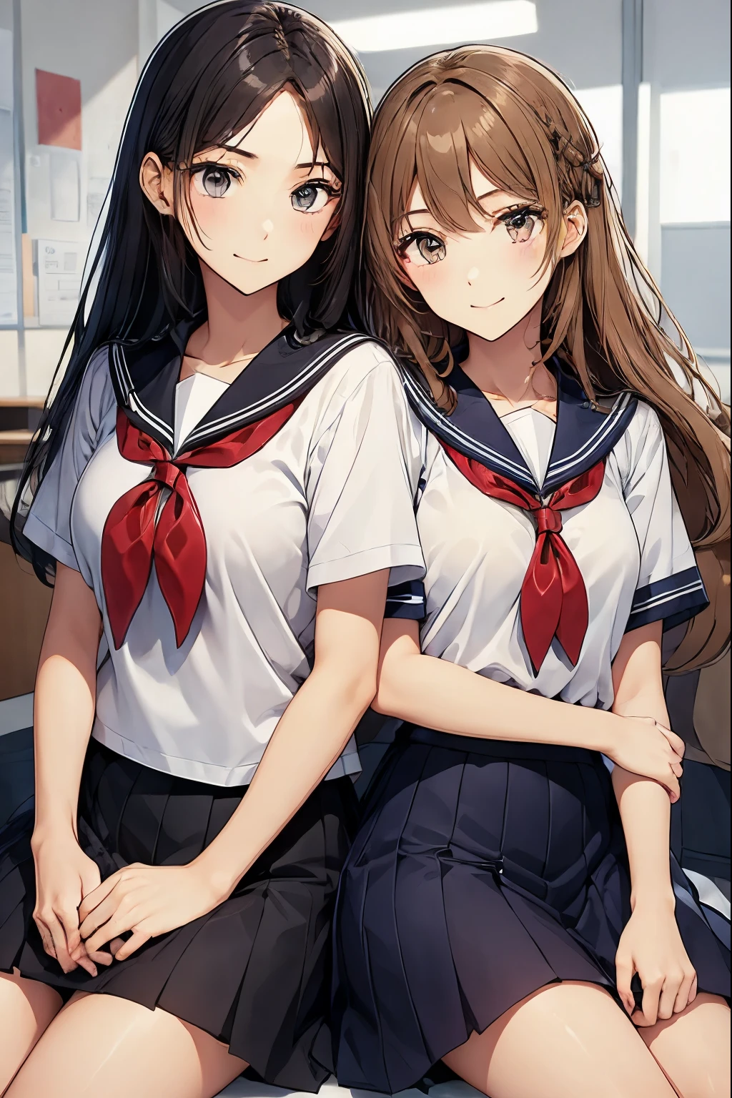 two high school girls、sitting in a classroom at school、Hugging from behind、seductive smile、