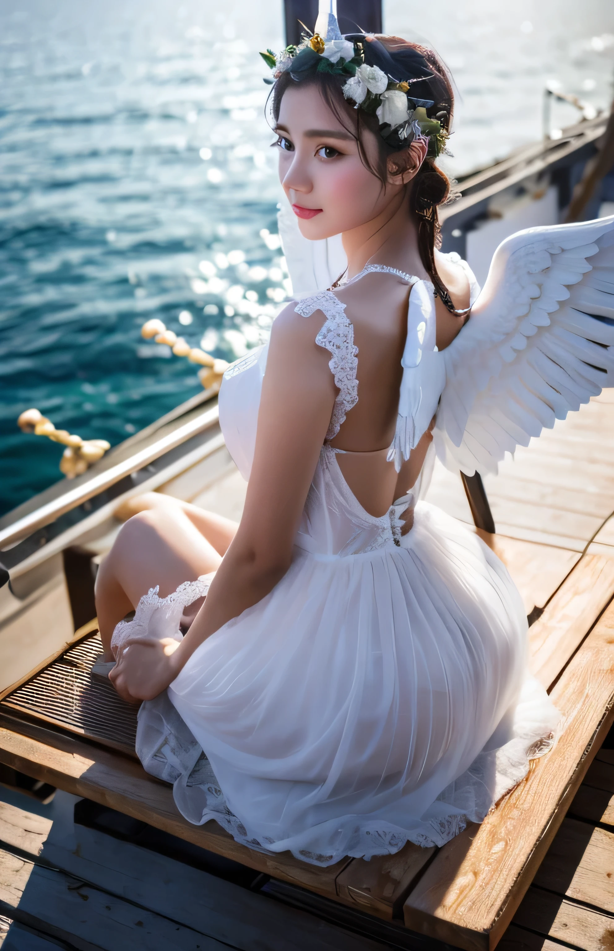 Greek warships、She has white angel wings on her back、see-through white dress