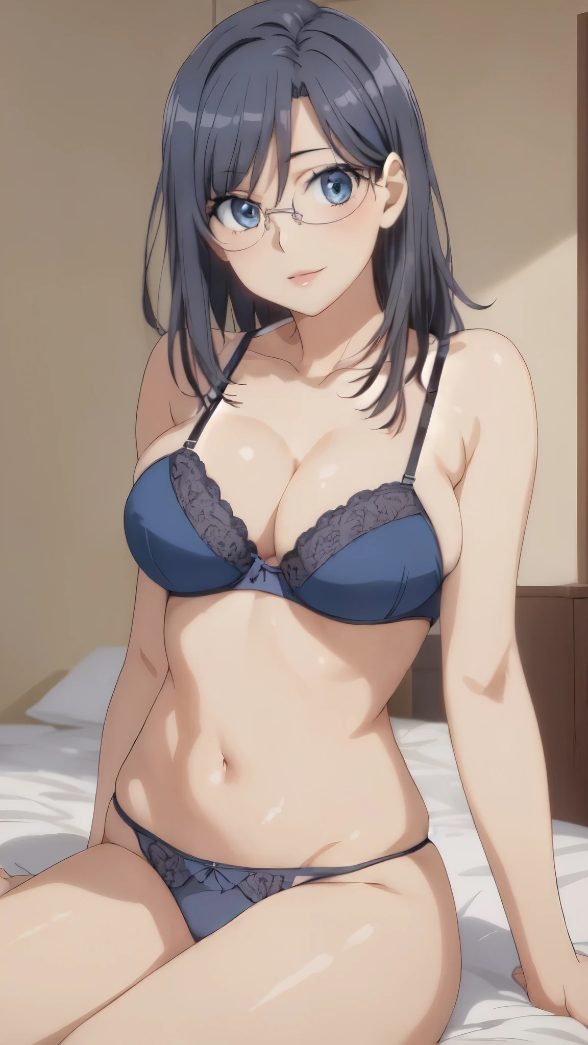 (masterpiece,Highest quality,highest quality:1.3),(8k:1.4),,ultra high resolution,(Realistic,Photorealsitic,hyper realisitic:1.3),(huge breasts:1.2),(:1.4),(Smile:1.3),(Glasses),(Blue eyes:1.3),(medium hair:1.5),(huge breasts:1.3),(slender,slender waist:1.3),(NSFW),(dark blue hair:1.4),(Black underwear:1.4),(Black Bra:1.4),(Leg spread:1.3),big breasts, vivid color,(indoor, Bedroom;1.3), (Pink Lips:1.2),(Aesthetic Anime Eyes:1.3),blue sky, Sitting on the bed, (Watching the audience:1.3), Cowboy Shot, Head tilt