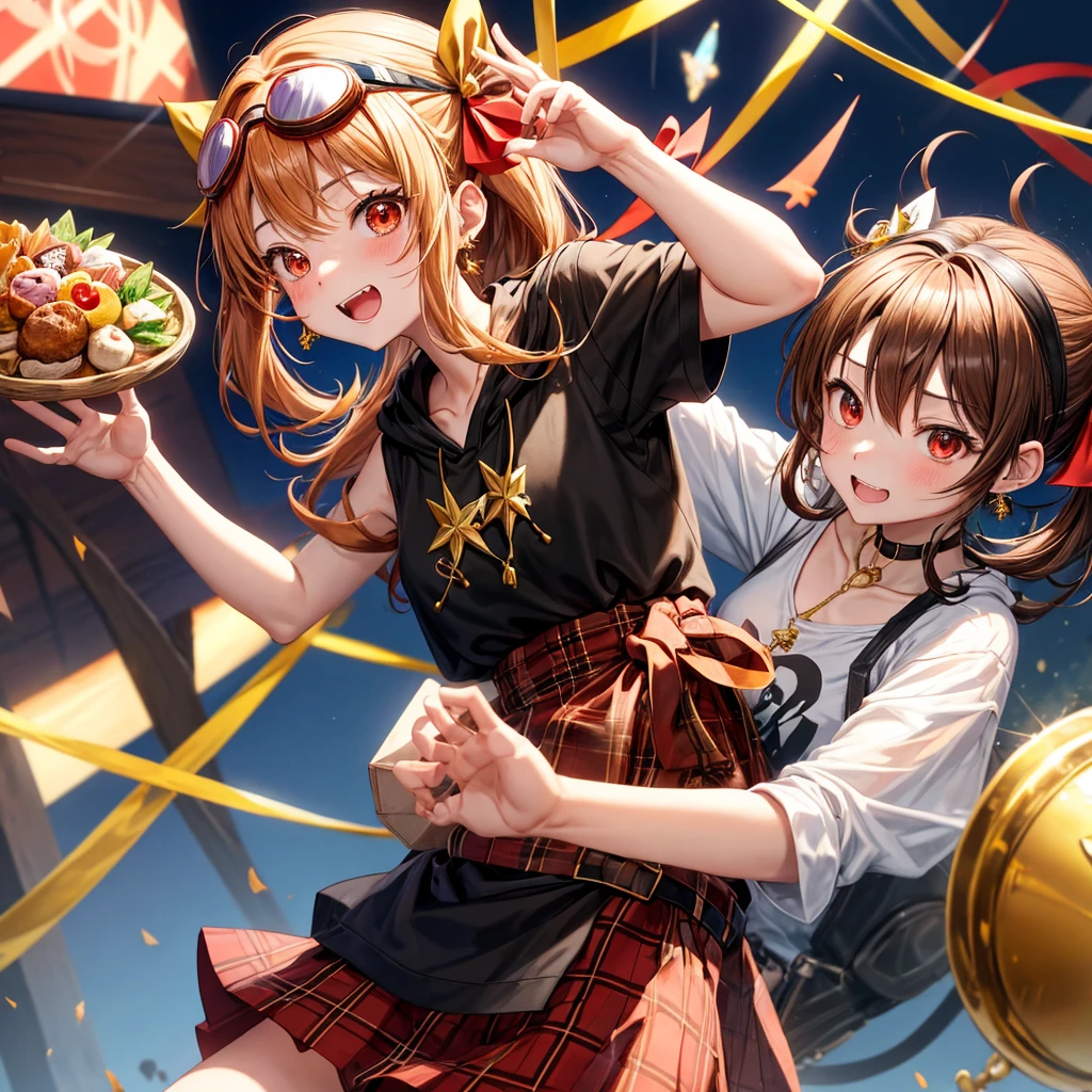 Brown, red, gold, golden hair、Red eyes、One good looking girl、solo、anime、plaid mini skirt、black camisole、Black T-shirt、hoodie、Wearing a ribbon、Ribbon on waist、Crystal Earrings、treasure石のネックレス、Light and shadow、Tilting face、teeth are visible、pillar、Kind Face、Kuroko、treasure、wearing goggles on head、Top of the Slope