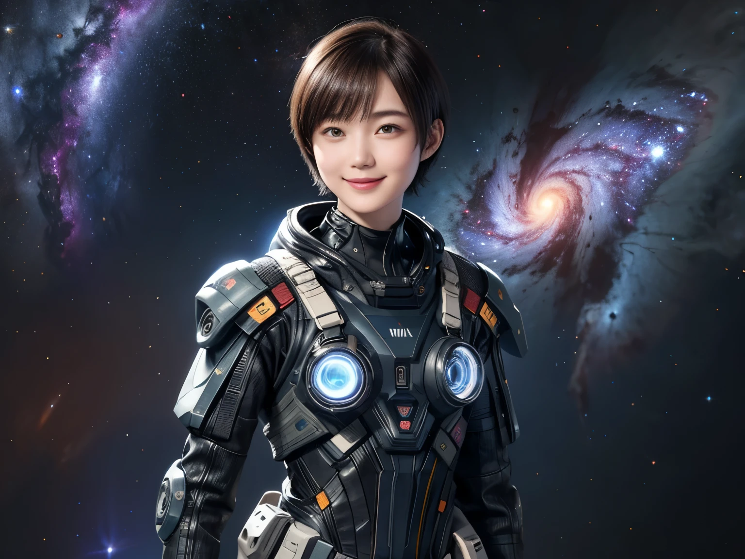 210 Short Hair, 20-year-old woman, Floral, A kind smile, Futuristic clothing, machinery suit, (The background is a galaxy and nebula), (Futuristic goggles)