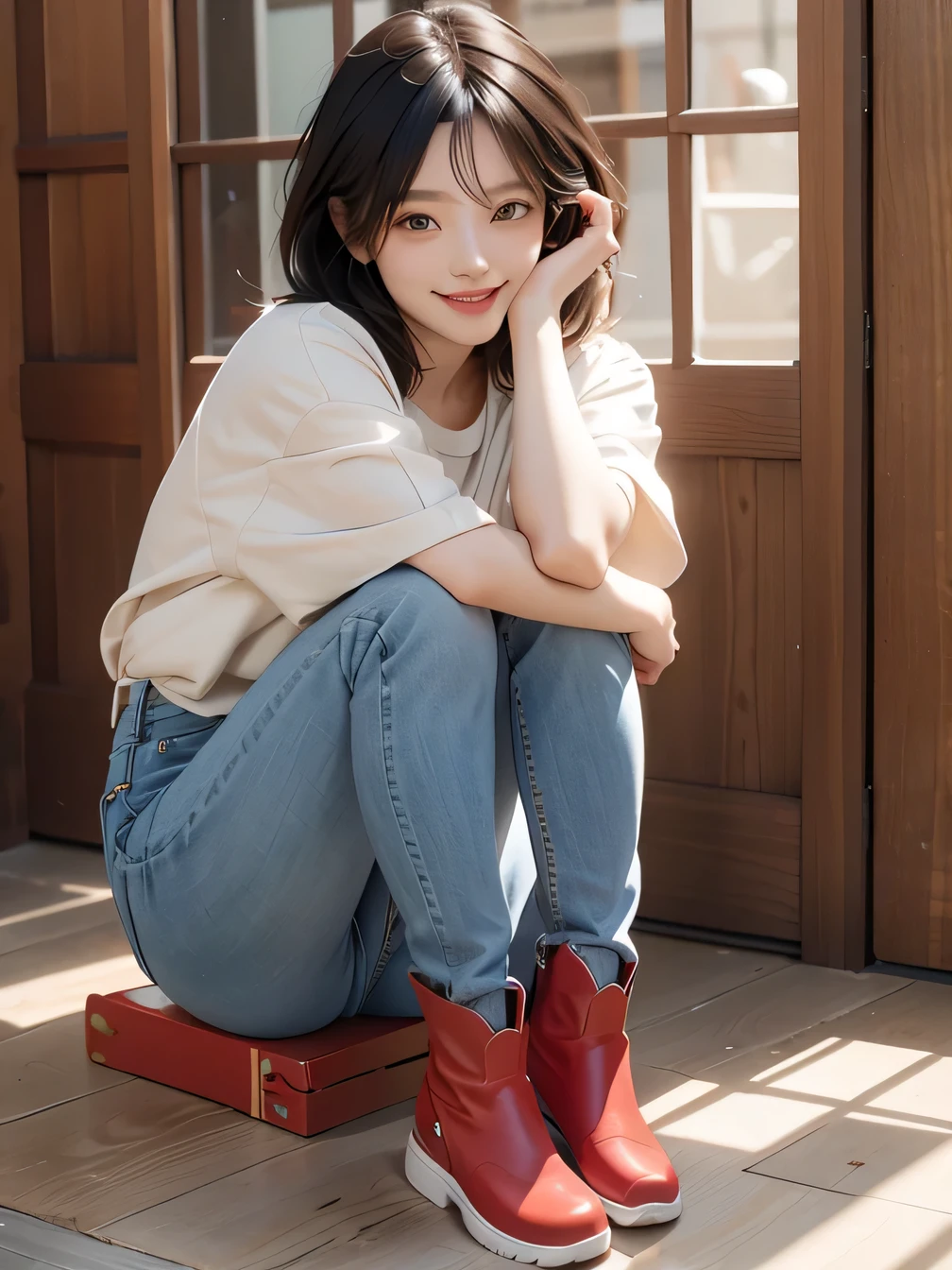 :1.3), (8k, Realistic, RAW Photos, highest quality:1.4), (Realistic face), (Black Hair、Short Haircut、Beautiful Hairstyles、Ear piercing、, smile、Beautiful teeth alignment、Beautiful small blue eyes, (realistic skin texture), (Beautiful Skin),charm, Ultra-high resolution, Ultra-realistic skin, (Natural light)、Golden Ratio, ((smile)), ((full body shot)), (((Red trainer)))、((Skinny jeans、short boots)