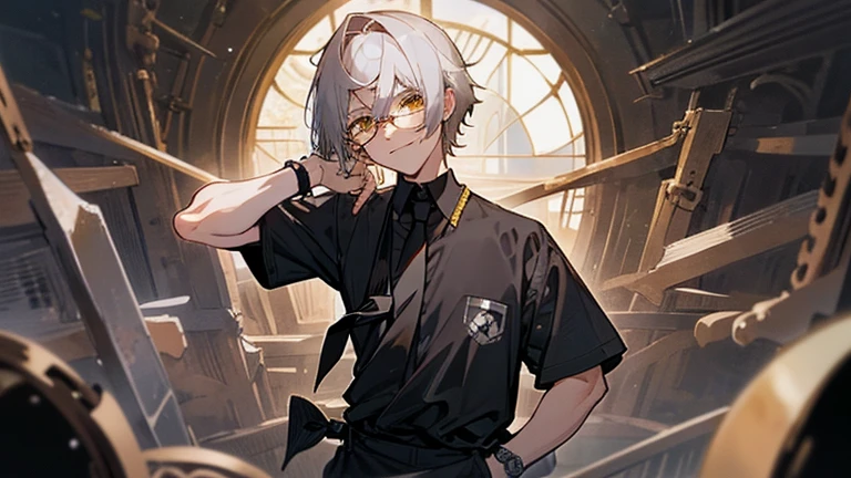 anime boy, a picture of man, 22 years old, yellow eyes, gray hair, has a bangs, medium hair, tied hair in back, his right bangs longer than his left, glasses, serious eyebrows, work clothing, black shirt, black tie, bring antique watch, in a vintage roomwork, serious but smiling, smirk