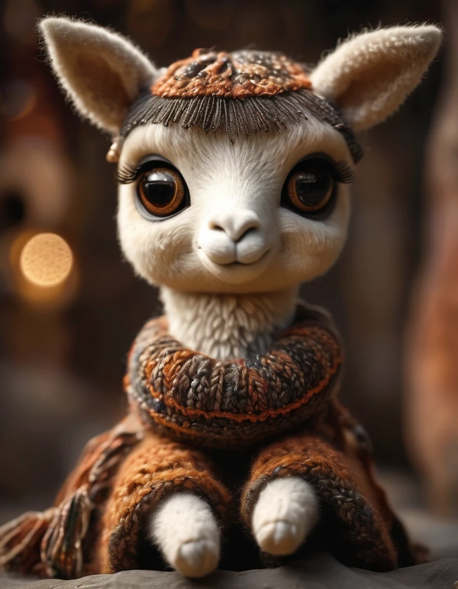 (masterpiece, best quality:1.2),  （Earthy tones of a cute alpaca with its head down in shyness），whole body，Warmth，Beautiful bright big eyes，With subtle patterns and textures，Invoking Ancient Wisdom. Focus on the face，With depth of field and bokeh effects. This is a high resolution image，Complex details，The background is dark，Soft lighting, style of. 
