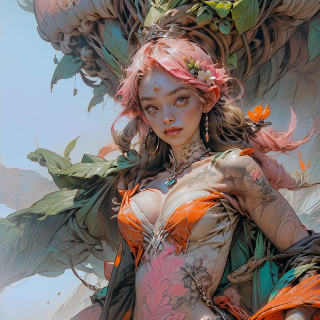 ((Create a picture, a masterpiece), (1 girl - standing at full height, relaxed pose), (Girl with long pink hair, crown, princess, detail), (1 girl, tattoos, glowing tattoos, shiny, white-fluffy 16 +), (pink transparent short dress-clothes)) (sexy, erotic), (cute style, colorful))_((long pink hair, braided), (Best quality ), (intricate details))_((Red and white clothes)), ((clothes)), ((thigh-high stockings)), ((Round eyes)), ((Beautiful face, happy, cute face)), (pin-up, perfect face, portrait on a plain background, postcards, bubblegum))_((tattoos, down clothes:1.2))_((green:1.5, orange:1.1, white:1.3, yellow:1,3), (flowers, leaves, fog, lines, circles, background)) _((stylization; clear line, clear outline, high quality line drawing))_((simple color palettes), (color fill, Saturation of color, harmony, balance), (rich pastel colors, Pure colors))_((sexy, erotic), (simple), (Necklaces and thin rings made of silver or gold), (bracelets, unusual designs))_(( background), (skulls, Flowers), (abstract), (stunning flowers), (lilies, extremely unusual, long stems - large stems, skulls, Flowers)).