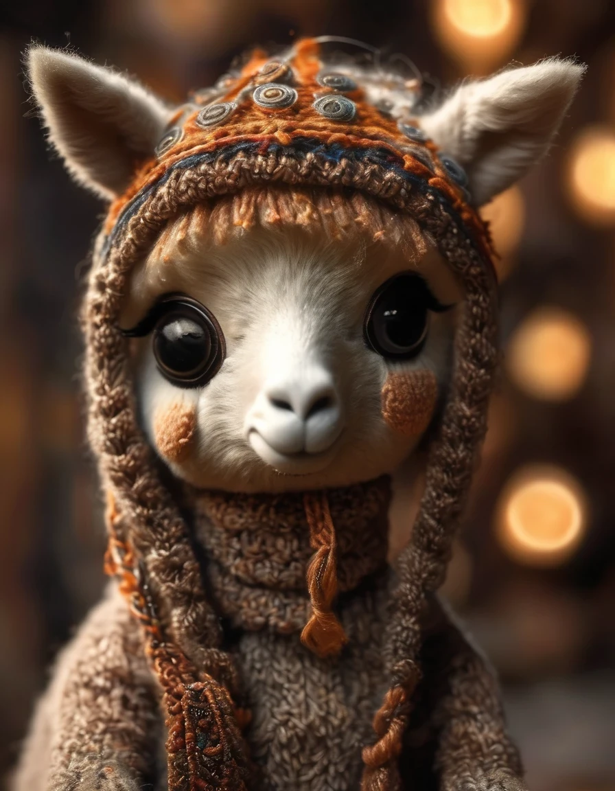 (masterpiece, best quality:1.2),  （Earthy tones of a cute alpaca with its head down in shyness），whole body，Warmth，Beautiful bright big eyes，With subtle patterns and textures，Invoking Ancient Wisdom. Focus on the face，With depth of field and bokeh effects. This is a high resolution image，Complex details，The background is dark，Soft lighting, style of. 
