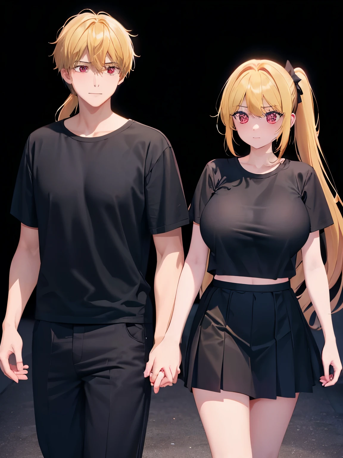 Couple, women and men,18 years old, duo,romantic pose,holding hands (girl with long hair,blonde hair,ponytail,black t-shirt,black mini skirt,red eyes,very big breast,Tennis skirt), (boy with short hair,messy hair,blonde hair,black t-shirt,black trousers,Plain t-shirt,),ultra detail, ultra hd, masterpiece