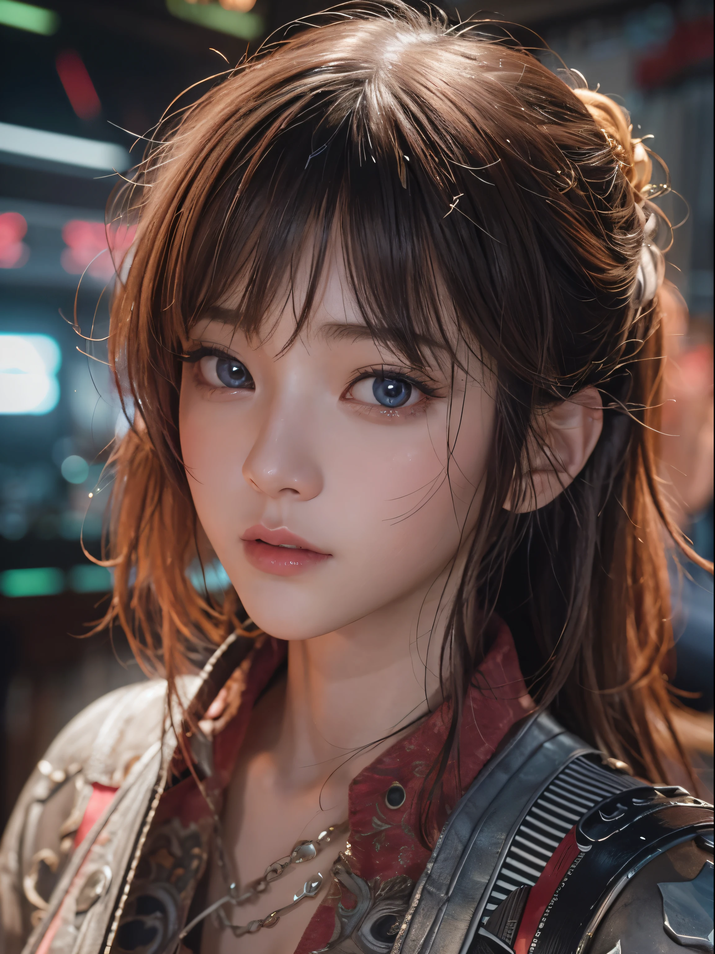 masterpiece, 1 beautiful girl, Detailed eye, Swollen eyes, top-quality, 超A high resolution, (reality: 1.4), movie lighting, japanes, a asian beauty, very extremely beautiful, Beautiful skins, A slender, Forward-facing body, cowboy shot, half body shot, (A hyper-realistic), (hight resolution), (8K), (highly detailed), ( Best Illustration), (beautifully detailed eyes), (ultra-detail), Detailed face, Bright lighting, Professional lighting、The background is a cyberpunk room with many monitors、Hair color is red、small tattoo on face、Female Game Commentator、Facing straight ahead、short-hair、