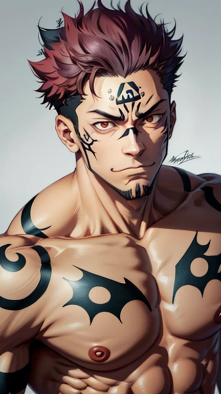 Melhor qualidade, obra-prima, no expression, ultra alta res, fundo detalhado, solo, macho musculoso, cabelo curto, tiro de cowboy, sombra real e luz, (((Sukuna do anime jujutsu kaisen))), um homem com cabelo rosa e sem camisa, tattoo_ryoumen, tattoo_on_his_face, foco nos olhos, viril, maduro, corpo inteiro, anatomicamente correto,