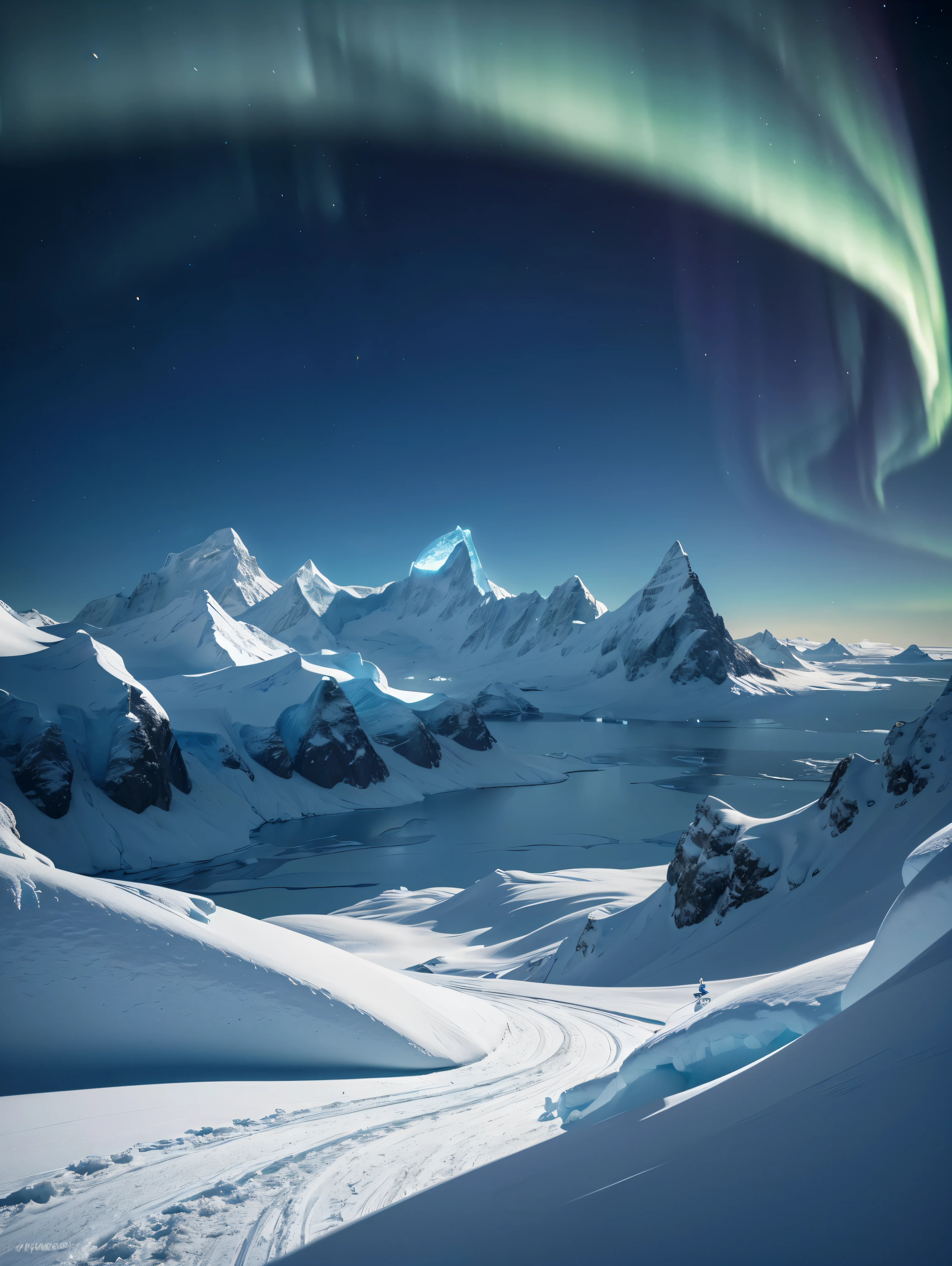 An exquisite Arctic landscape painted in various shades of ethereal blue, Showcasing the pristine beauty of icy glaciers, sparkling snow peaks, And the vast frozen tundra that stretches as far as the eye can see. A landscape full of feminine curves. The shape of the mound is reminiscent of a large breast. The crystal ice reflects the soft moonlight,Enhances the tranquil atmosphere, Creating a mesmerizing picture of pure tranquility and awe-inspiring natural wonders. Northern Lights. national geographic style. masterpiece. Ultra HD.