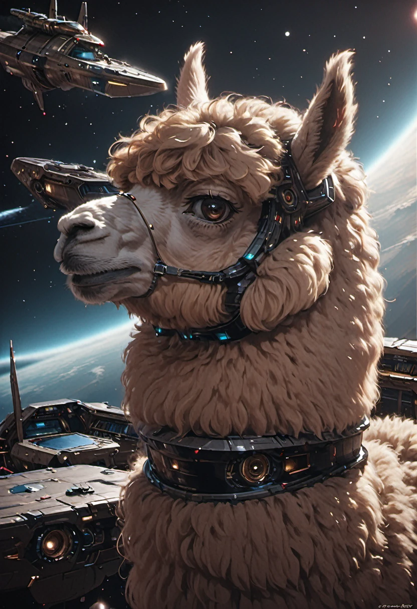 beuatiful portrait of an alpaca, cbbebop spaceship, 1980s (style), by Tsukasa Hojo, best quality, masterpiece, very aesthetic, perfect composition, intricate details, ultra-detailed, sci-fi