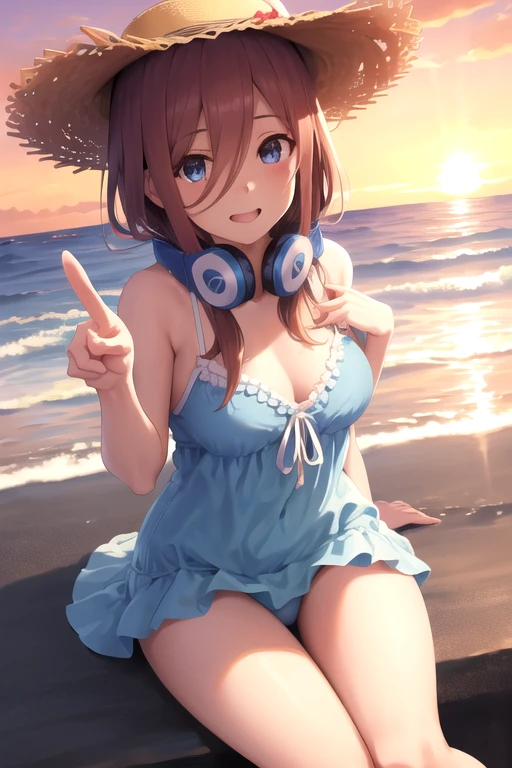 masterpiece, highest quality, High resolution, nm1, Headphones around the neck, , Long Beach,Blue Blue frilly swimsuit,sunset,Sitting on the beach with my knees up,(Looking up at the )(sunset, pointing at the sunset),Wear a straw hat
