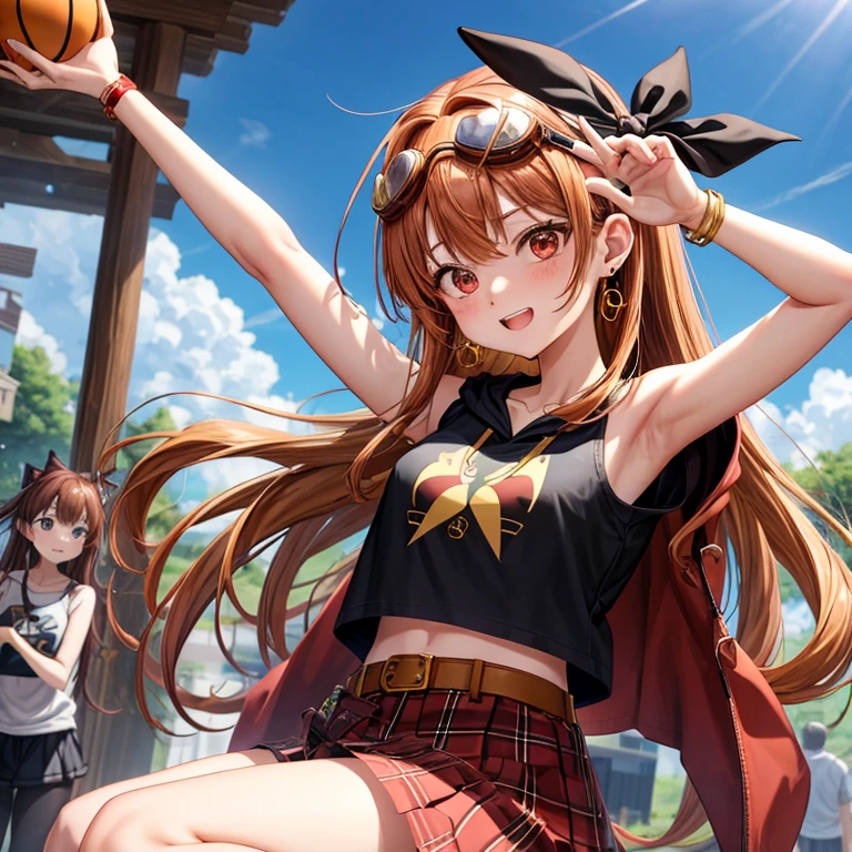 Brown, red, gold, golden hair、Red eyes、One good looking girl、solo、anime、plaid mini skirt、black camisole、Black T-shirt、hoodie、Wearing a ribbon、Ribbon on waist、Crystal Earrings、treasure石のネックレス、Light and shadow、Tilting face、teeth are visible、pillar、Kind Face、Kuroko、treasure、wearing goggles on head、Top of the Slope