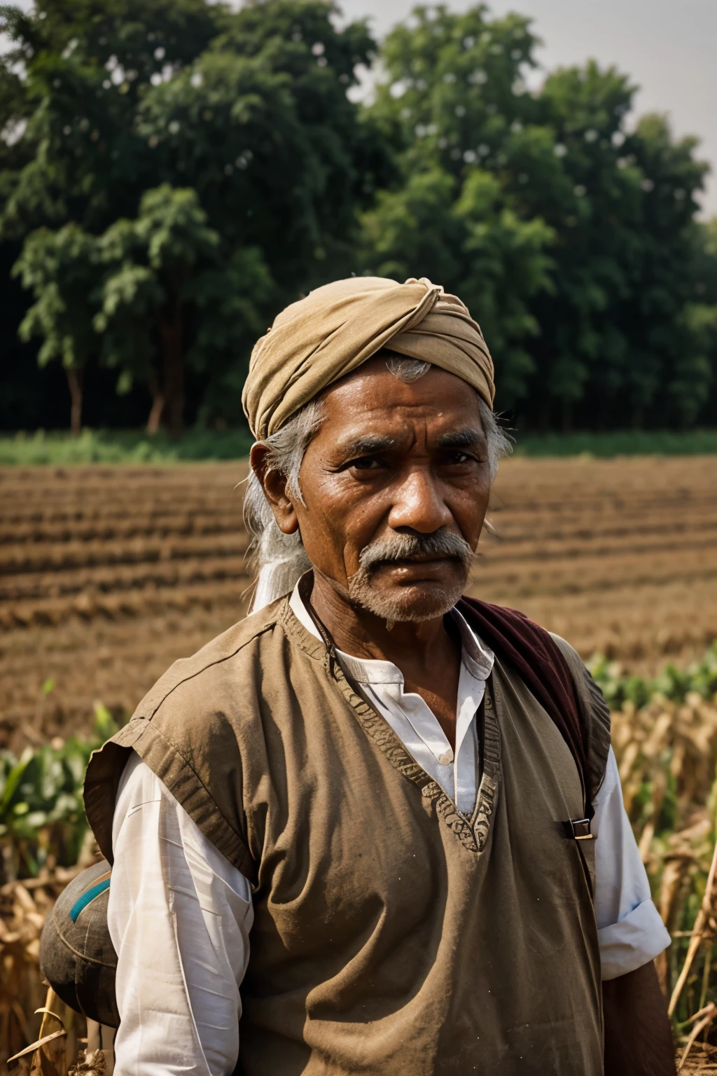 A realistic portrait of an Indian old age farmer, working on a field, instagram, photography