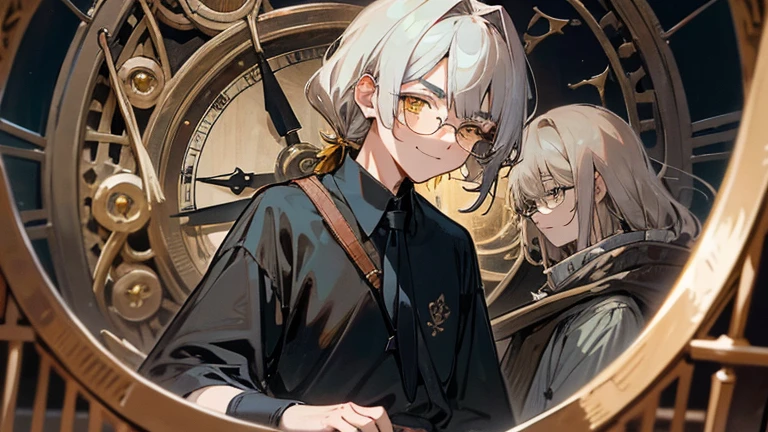 anime boy, a picture of man, 22 years old, yellow eyes, gray hair, has a bangs, medium hair, tied hair in back, his left bangs longer than his right, glasses, serious eyebrows, antique clothing, anything related with clock or watch, black shirt, black tie, bring antique watch, in a vintage roomwork, serious but smiling, smirk
