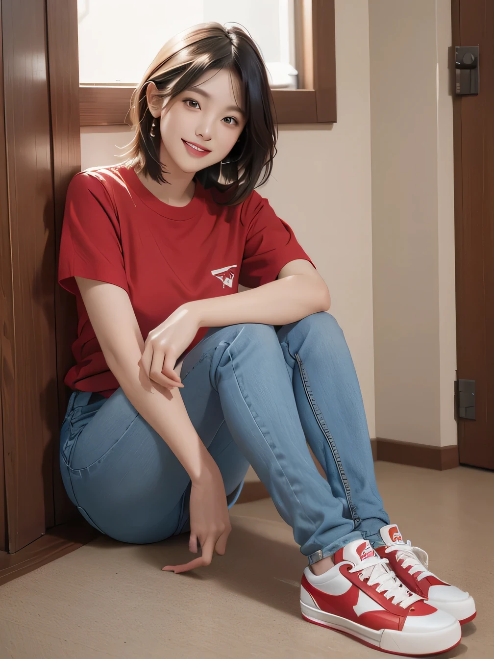 :1.3), (8k, Realistic, RAW Photos, highest quality:1.4), (Realistic face), (Black Hair、Short Haircut、Beautiful Hairstyles、Ear piercing、, smile、Beautiful teeth alignment、Beautiful small blue eyes, (realistic skin texture), (Beautiful Skin),charm, Ultra-high resolution, Ultra-realistic skin, (Natural light)、Golden Ratio, ((smile)), ((full body shot)), (((Red trainer)))、((Skinny jeans、sneakers)