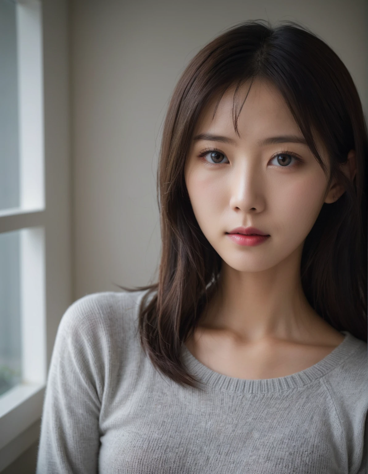 Japanese woman with beautiful eyes, cute, 27 years old, close, (Natural light:2)
(Grey sweater),
(thin curtains, Dimly lit room:0.5)