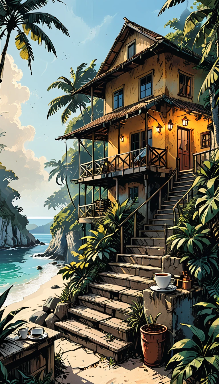 tropical cafe on the seashore in the tropical jungle with stairs to the sea and an open terrace, people sitting in coffee, (graphic style of novel comics), perfect hands, 2d, 8k, hyperrealism, masterpiece, high resolution, best quality, ultra-detailed, super realistic, Hyperrealistic art, high-quality, ultra high res, highest detailed, lot of details, Extremely high-resolution details, incredibly lifelike, soft cinematic light,