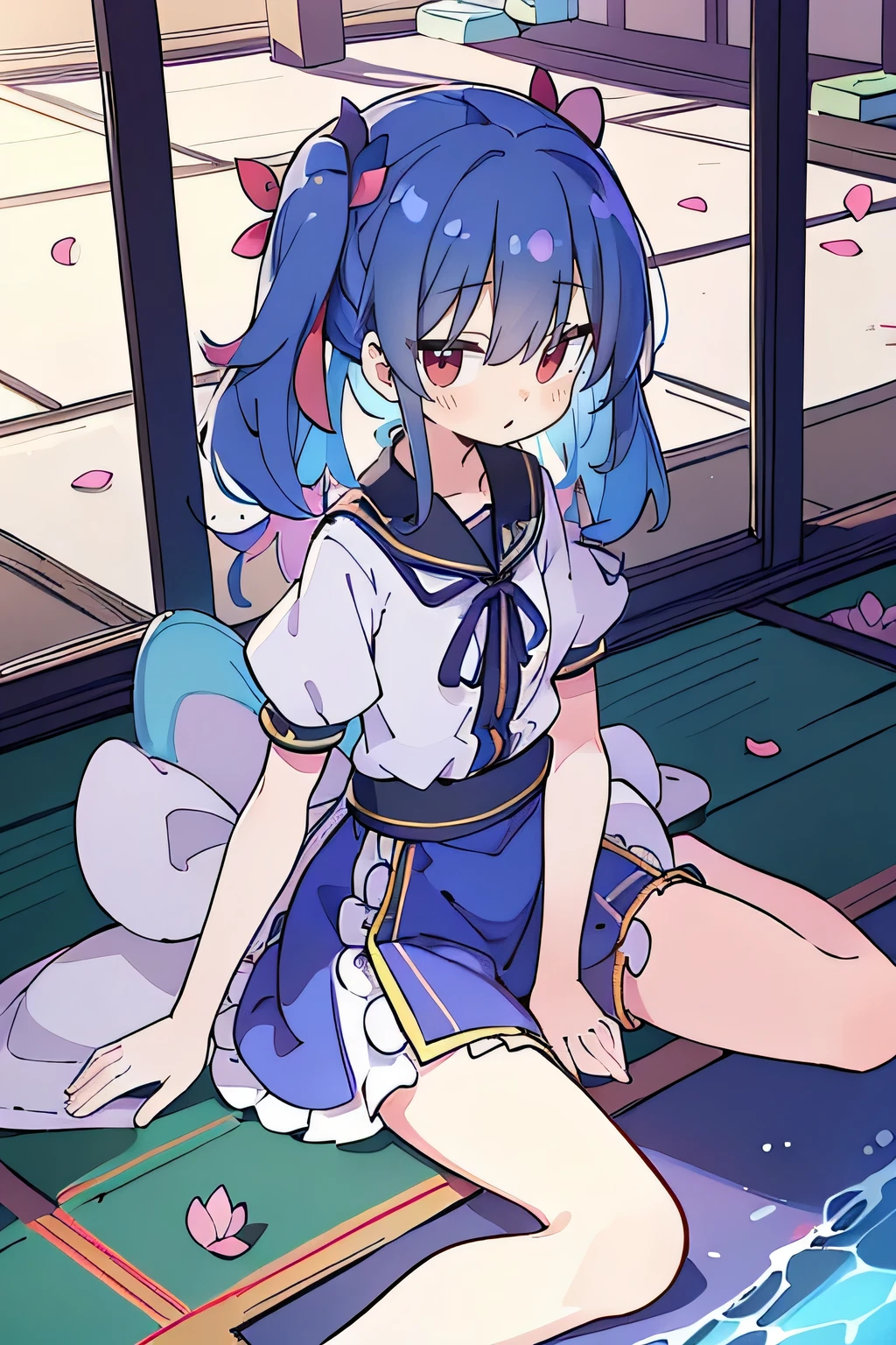 (best quality, masterpiece:1.2), expressive eyes, perfect face, 1 girl, hands on waist, beautiful, gorgeous, Japanese animation, Lola, Hinamori Angel, blue hair, floating clothes, waist grab, waist grab, hands on hips, sitting, sitting on the ground, legs on the ground, flat-chested, falling petals, sitting in a pavilion, pavilion.