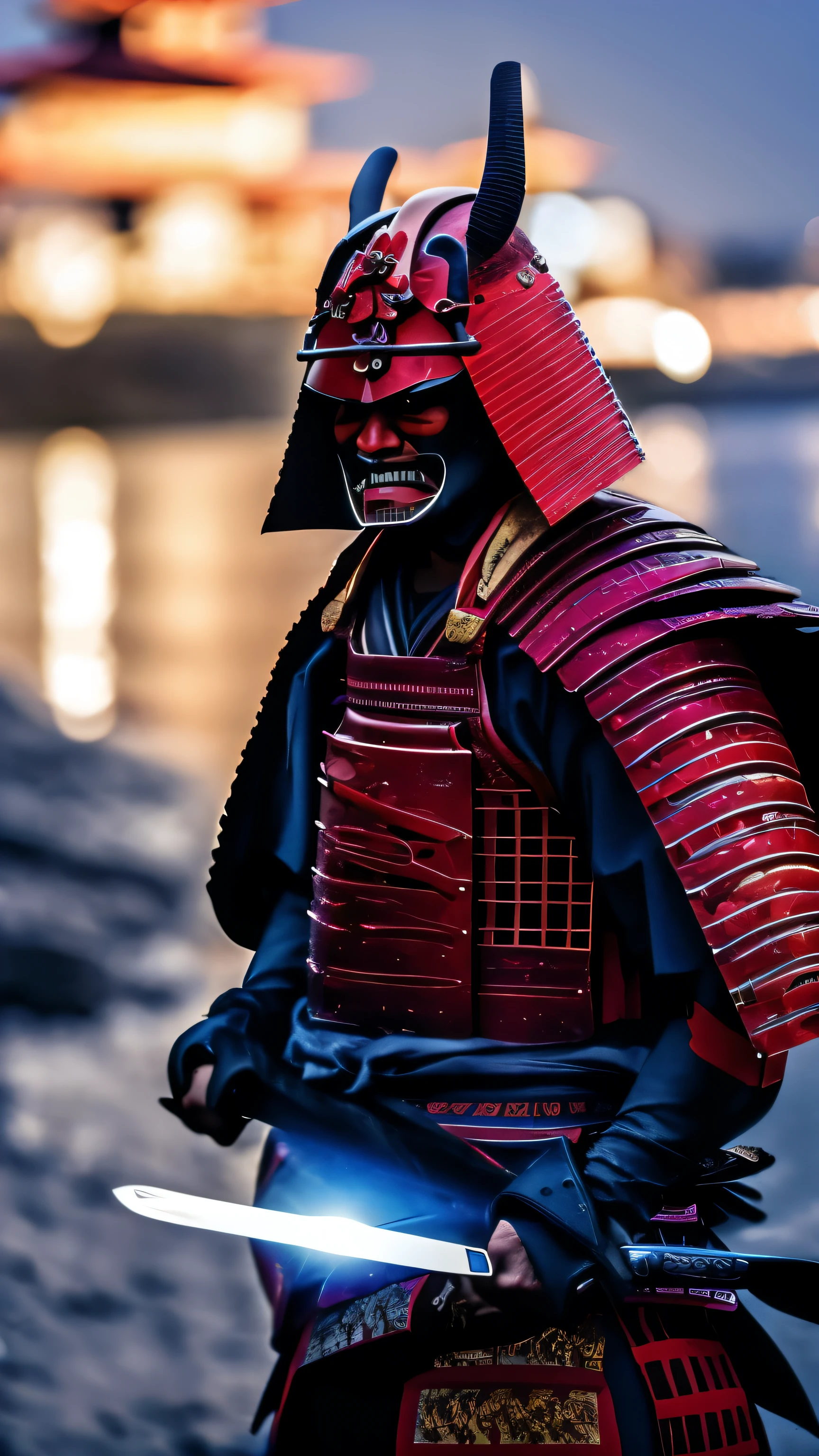 Samurai in jet black armor and helmet