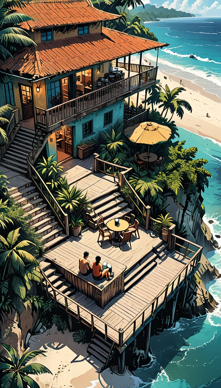 top view at tropical cafe on the seashore in the tropical jungle with stairs to the sea and an open terrace, people sitting in coffee, (graphic style of novel comics), perfect hands, 2d, 8k, hyperrealism, masterpiece, high resolution, best quality, ultra-detailed, super realistic, Hyperrealistic art, high-quality, ultra high res, highest detailed, lot of details, Extremely high-resolution details, incredibly lifelike, soft cinematic light,