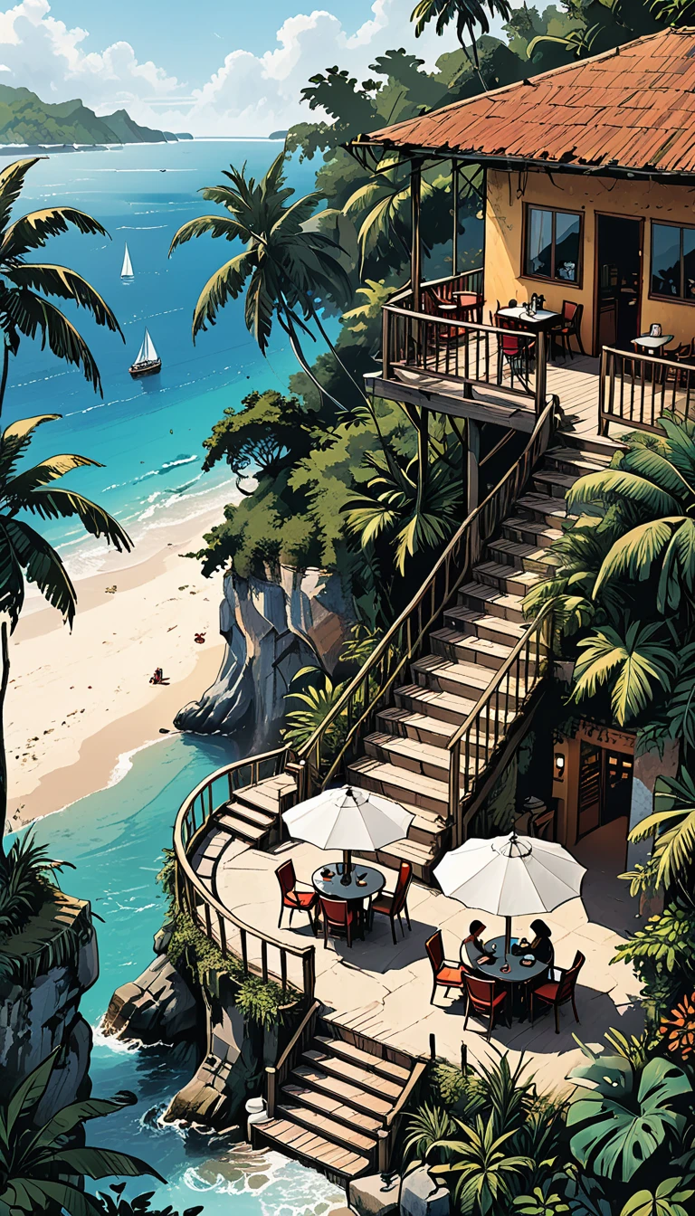 top view at tropical cafe on the seashore in the tropical jungle with stairs to the sea and an open terrace, people sitting in coffee, (graphic style of novel comics), perfect hands, 2d, 8k, hyperrealism, masterpiece, high resolution, best quality, ultra-detailed, super realistic, Hyperrealistic art, high-quality, ultra high res, highest detailed, lot of details, Extremely high-resolution details, incredibly lifelike, soft cinematic light,