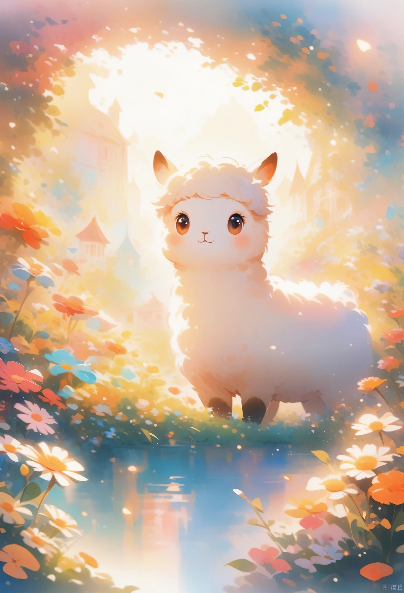 style, Vibrant colors, dreamy atmosphere, Layered composition, Intricate details, Warm rural background,(Brown Alpaca, Alpaca plush toy, Old Alpaca, Anthropomorphic alpacas, Fluffy,Solitary， big eyes,best quality,Super detailed,Reality), Soft texture, Comfortable atmosphere, peaceful garden background, Vibrant colors, Warm lighting