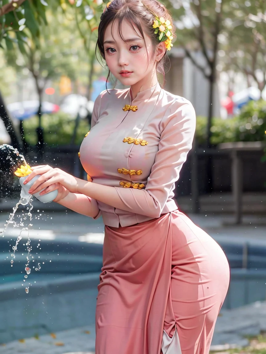 As she was wet with water, her beauty became more apparent, and her attractive body was revealed