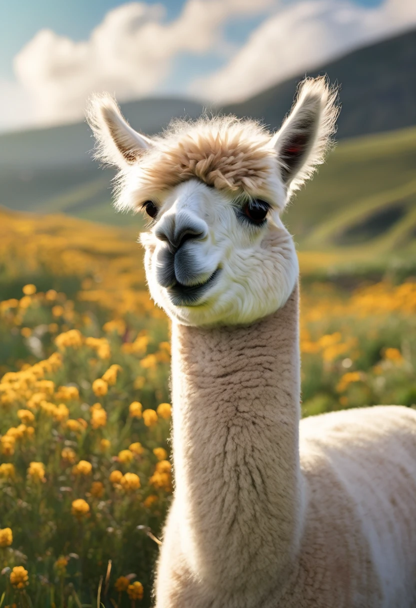 An Alpaca, aesthetic, (best quality,4k,8k,highres,masterpiece:1.2),ultra-detailed,(realistic,photorealistic,photo-realistic:1.37),alpaca,random actions,expressive face,dynamic body,playful interactions,natural environment,vibrant colors,soft lighting,adventurous spirit,curious exploration,gentle temperament,woolly coat,majestic presence,funny poses,whimsical expressions,mischievous behavior,peaceful scenery,grassy meadow,rolling hills,colorful flowers,blue skies,childlike innocence,joyful energy,creative imagination,unexpected surprises,endearing charm,fascinating movement,furry friend,memorable moments,rustic charm,lively atmosphere,delightful encounters,harmony with nature,simple pleasures,happy-go-lucky attitude,playful companionship,jovial spirit,captivating personality,heartwarming interactions,enchanting sight