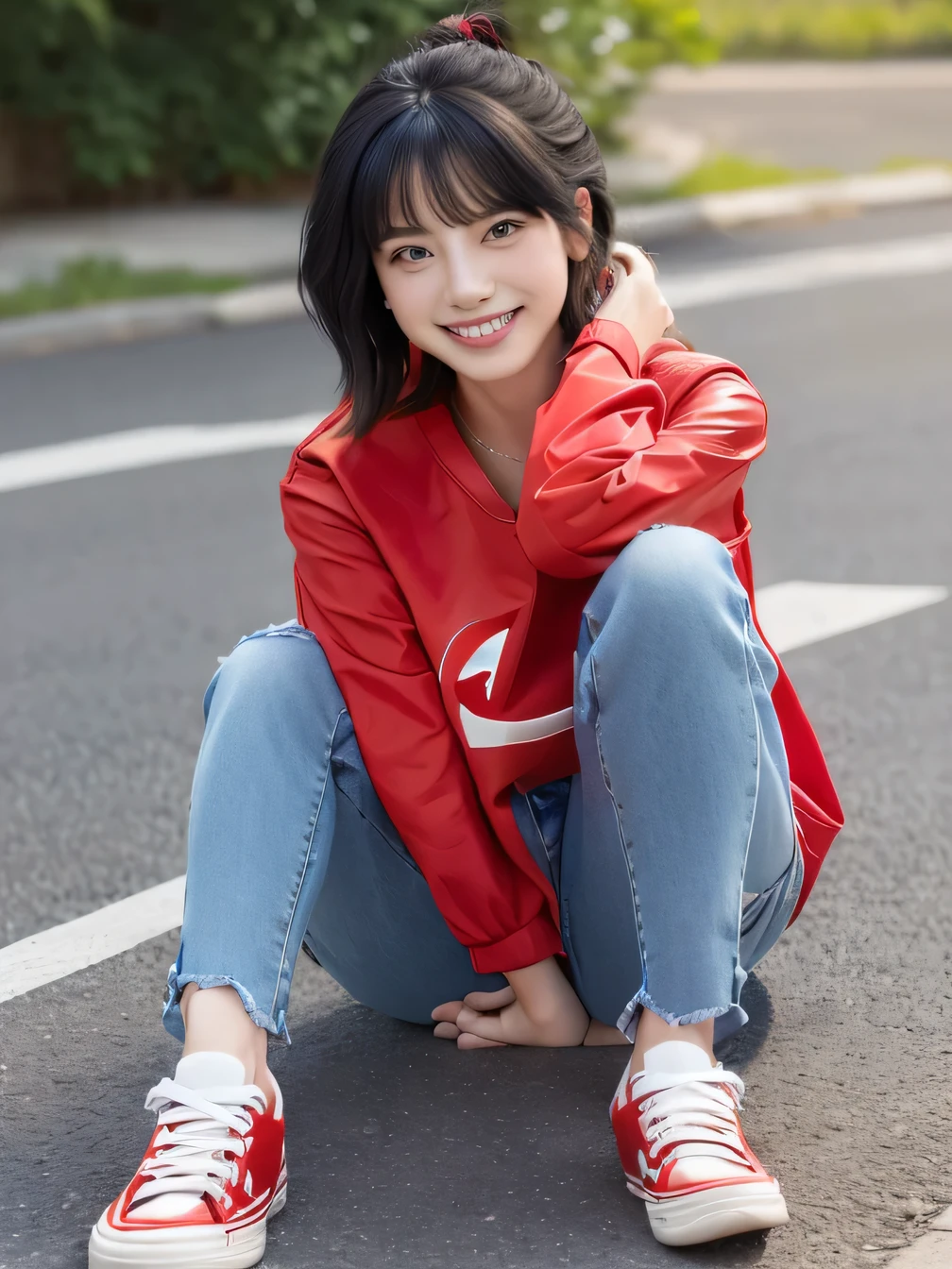 3), (8k, Realistic, RAW Photos, highest quality:1.4), (Realistic face), (Black Hair、Short Haircut、Beautiful Hairstyles、Ear piercing、, smile、Beautiful teeth alignment、Beautiful small blue eyes, (realistic skin texture), (Beautiful Skin),charm, Ultra-high resolution, Ultra-realistic skin, (Natural light)、Golden Ratio, ((smile)), ((full body shot)), (((Red trainer)))、((Skinny jeans、sneakers)